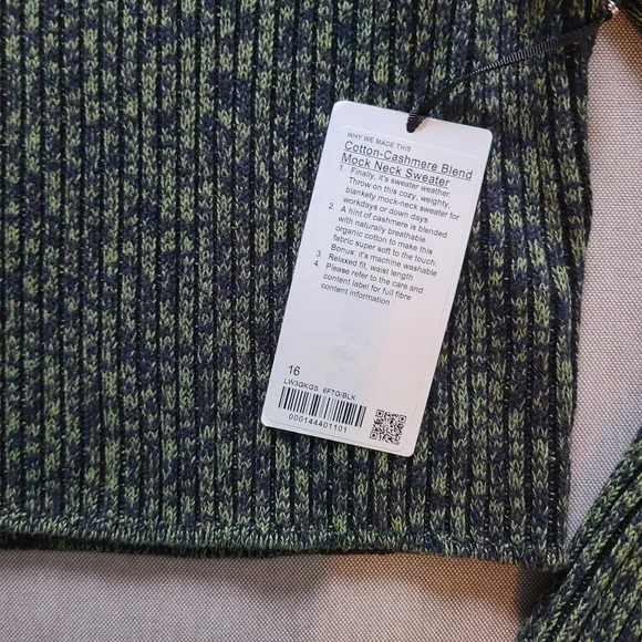 LULULEMON 🏷️NWT Cotton-Cashmere Blend Mock Sweater Green & Black Heather 16/XL